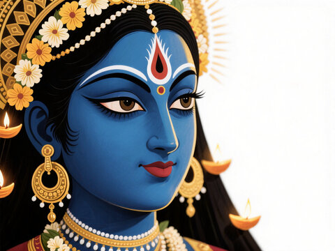 Goddess shyama Kali face on isolated white background, Kali Puja celebrated and diwali festival.