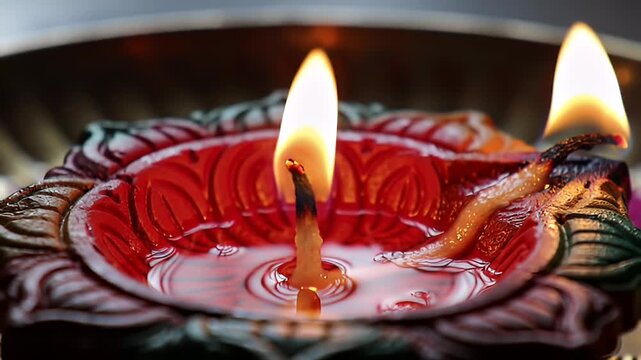 Beautiful Traditional Indian Clay Diya Oil Lamp Burning Brightly.
