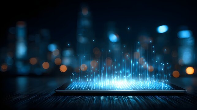 Digital data streams ascend from a glowing tablet surface against a blurred nighttime cityscape backdrop