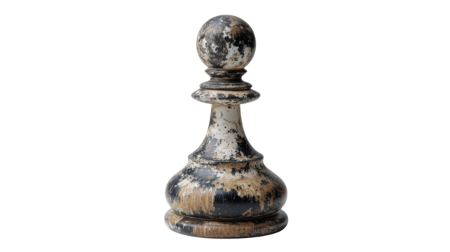 This is an oversized decorative chess pawn with a distressed black and white finish on white background 