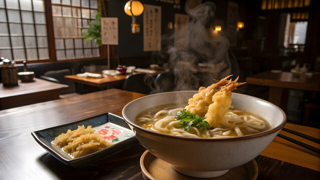 Steaming bowl of udon noodles with tempura in a Japanese restaurant