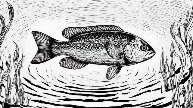 A black and white woodcut of a fish swimming in water with vegetation