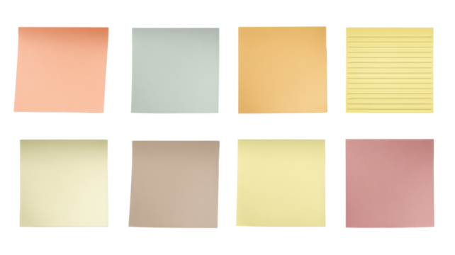 The image shows a collection of eight blank sticky notes in various colors and styles on white background 