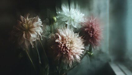 Close Up View of Colorful Dahlias with Water Droplets Against a Blurred Background