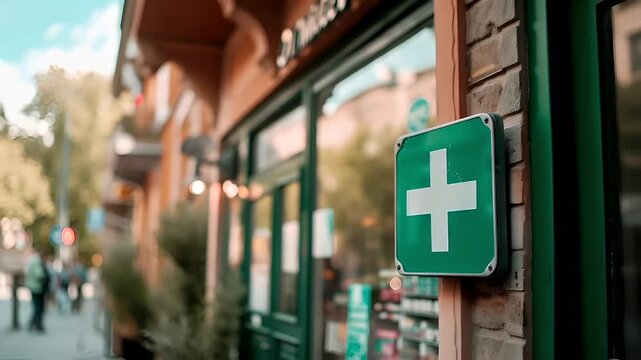 A closeup shot of a building facade with a green emergency sign affixed to it. The sign is rectangular with a white cross symbol in the center.