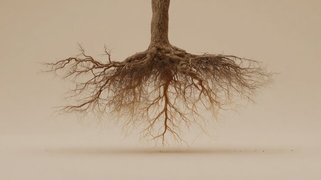 Tree upside-down; roots spread against a pale background, small shadow cast