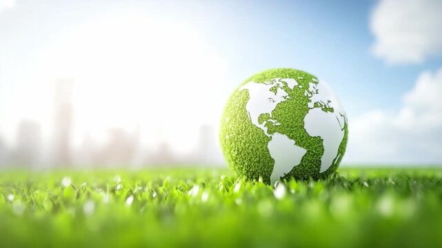 Eco-Conscious Globe: A verdant globe rests peacefully on a bed of fresh grass, symbolizing the importance of environmental conservation and the interconnectedness of our planet.