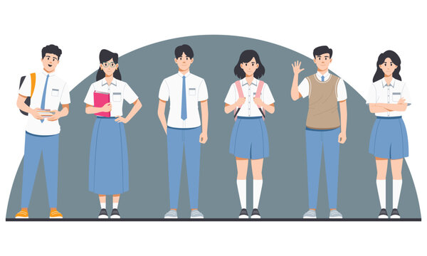 Character Illustration of High School Students Standing in Uniform