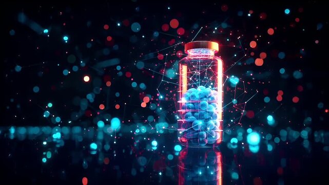 A digital artwork depicting a transparent bottle filled with blue pills. The bottle is set against a backdrop of a bokeh effect with red and blue lights.