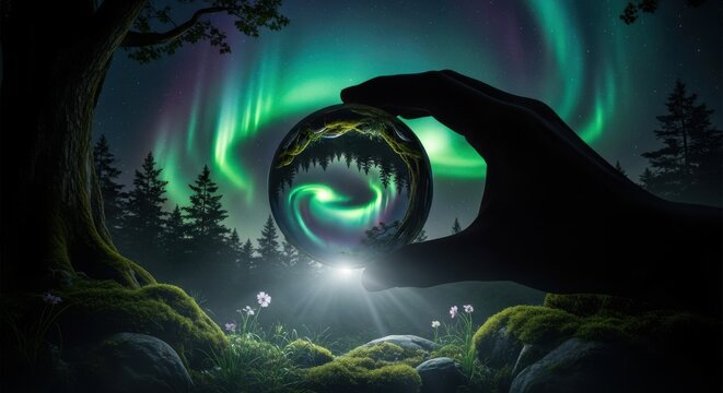 Captivating Northern Lights Reflection within a Mystical Crystal Orb View - Powered by Adobe