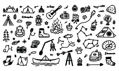Hand drawn camping doodles illustration in black and white vector