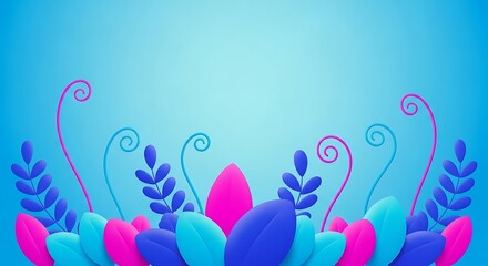 Lively Abstract Botanical Border - Pink, Blue, Purple Leaves on Gradient Background.