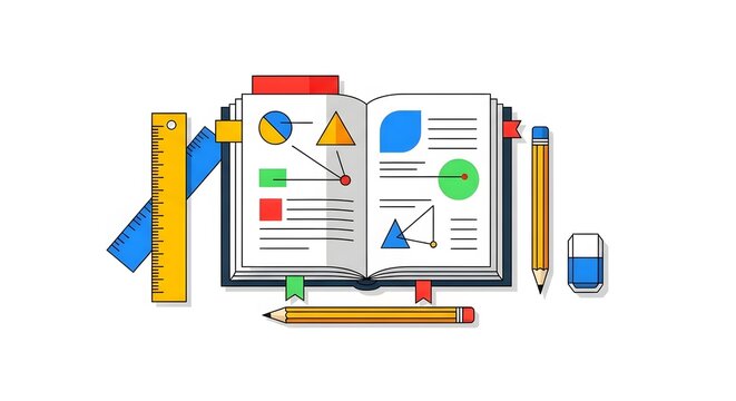 Open book with educational charts and math tools flat design