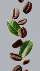 Falling roasted coffee beans and fresh green leaves with water drops