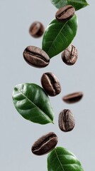 Falling coffee beans and green leaves on light background, studio shot