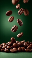 Roasted Coffee Beans Falling, Macro Detail on Dark Green Background