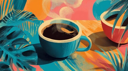 Abstract coffee cup still life with tropical leaves, painterly texture