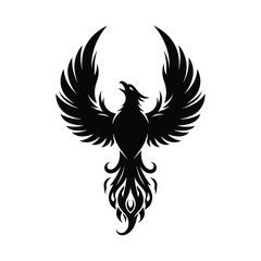 Obraz premium A majestic phoenix rises with outstretched wings in a dramatic black silhouette illustration