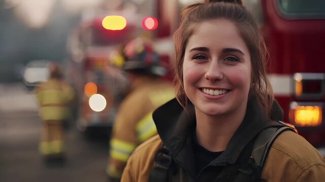 A closeup of a woman with a firefighters uniform, standing in front of a fire truck. She has a cheerful expression and is wearing a brown jacket with a black collar.