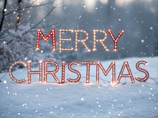 Illuminated merry christmas sign glowing with warm lights in a snowy winter forest setting