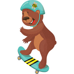 Brown Bear Character Wearing a Blue Helmet with a Bee Emblem Riding a Teal Skateboard with Yellow Stripes on a White Background