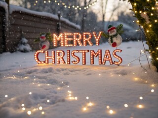 Glowing merry christmas sign illuminated with festive lights in a snowy winter wonderland setting