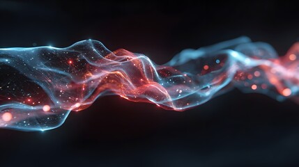 Luminescent digital ribbon flows with vibrant particles against a dark backdrop