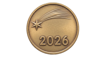 Commemorative coin for the year 2026 with a shooting star isolated on transparent background a unique and symbolic keepsake for the future