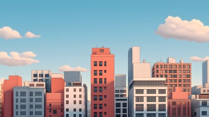 Fototapeta premium Stylized cityscape with diverse modern buildings under a clear blue sky Soft white clouds dot the horizon