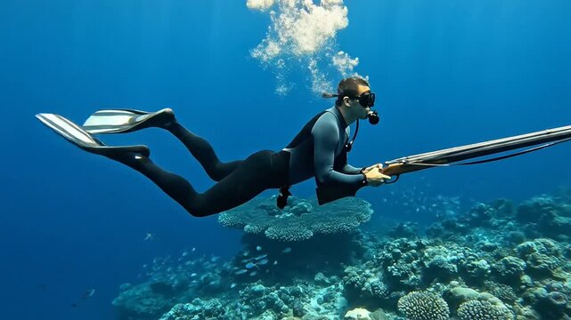Dynamic Underwater Spearfishing Adventure: Freediver Pursues Prey in Deep Blue Ocean Depths