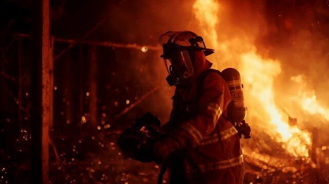 A firefighter in action against a backdrop of a raging fire. The firefighter is wearing a protective helmet and breathing apparatus, and is equipped with a hose connected to a breathing apparatus.
