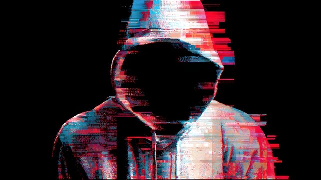 Anonymous figure in a hooded garment displays digital glitch distortion effects against a dark background