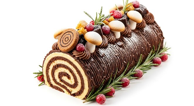 Festive chocolate Yule log cake, a B&ucirc;che de No&euml;l dessert decorated with meringue mushrooms