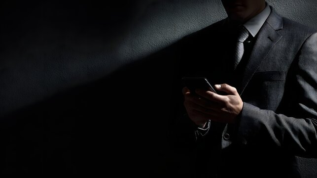 Figure in dark suit leans against a textured wall while engaging with a handheld communication device