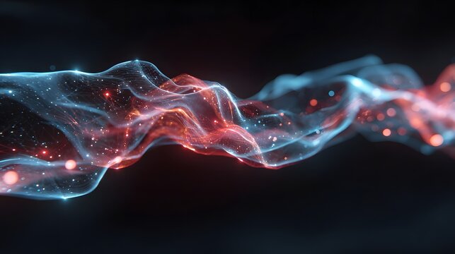 Luminescent digital ribbon flows with vibrant particles against a dark backdrop