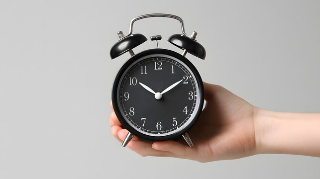 Person holding a classic twin bell alarm clock with a black face against a plain light background