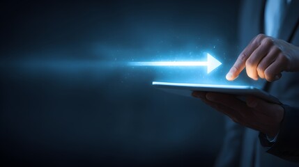 Business professional interacts with a glowing digital arrow interface on a handheld device