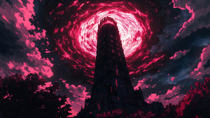 Dark tower against red sky