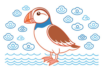 Illustration of a puffin, surrounded by clouds and waves