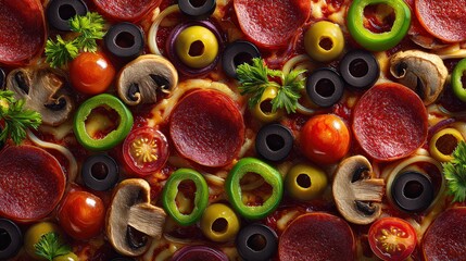 Overhead View of a Pizza with Pepperoni Olives Mushrooms and Vegetables