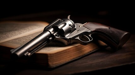 Obraz premium Metallic firearm rests upon the open pages of an aged book under dramatic lighting