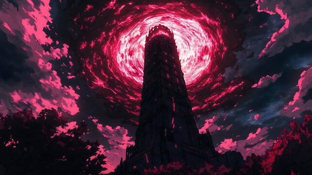 Dark tower against red sky