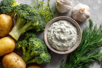 Overhead View of Freshly Prepared Ingredients with Creamy Sauce in a Rustic Setting