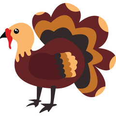 Brown and Tan Cartoon Turkey with Red Wattle and Colorful Tail Feathers Standing Transparent Background