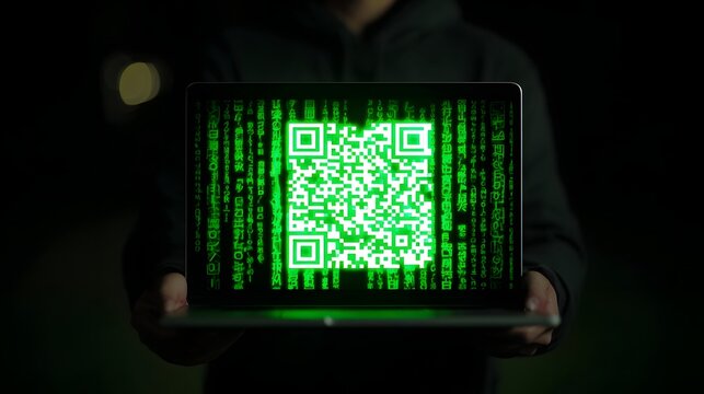 Anonymous individual displays bright green quick response code amidst cascading digital characters on a darkened screen
