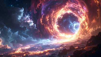 Cosmic portal opening into a new dimension with swirling light and mystery
