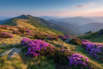 Scenic Mountain Landscape with Purple Flowers Under Soft Sunlight
