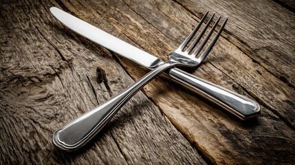 Crossed Fork And Knife On Rustic Wooden Surface Closeup Top View