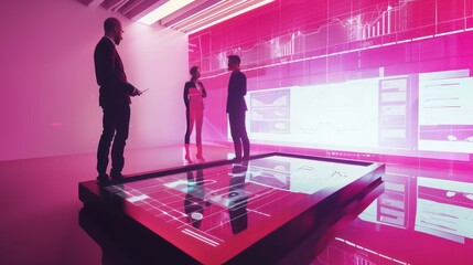 Business Professionals Analyzing Data in Modern Tech Conference Room with Pink Holographic Displays