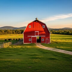Obraz premium Rustic charm of a red barn nestled within vast green fields at golden hour light